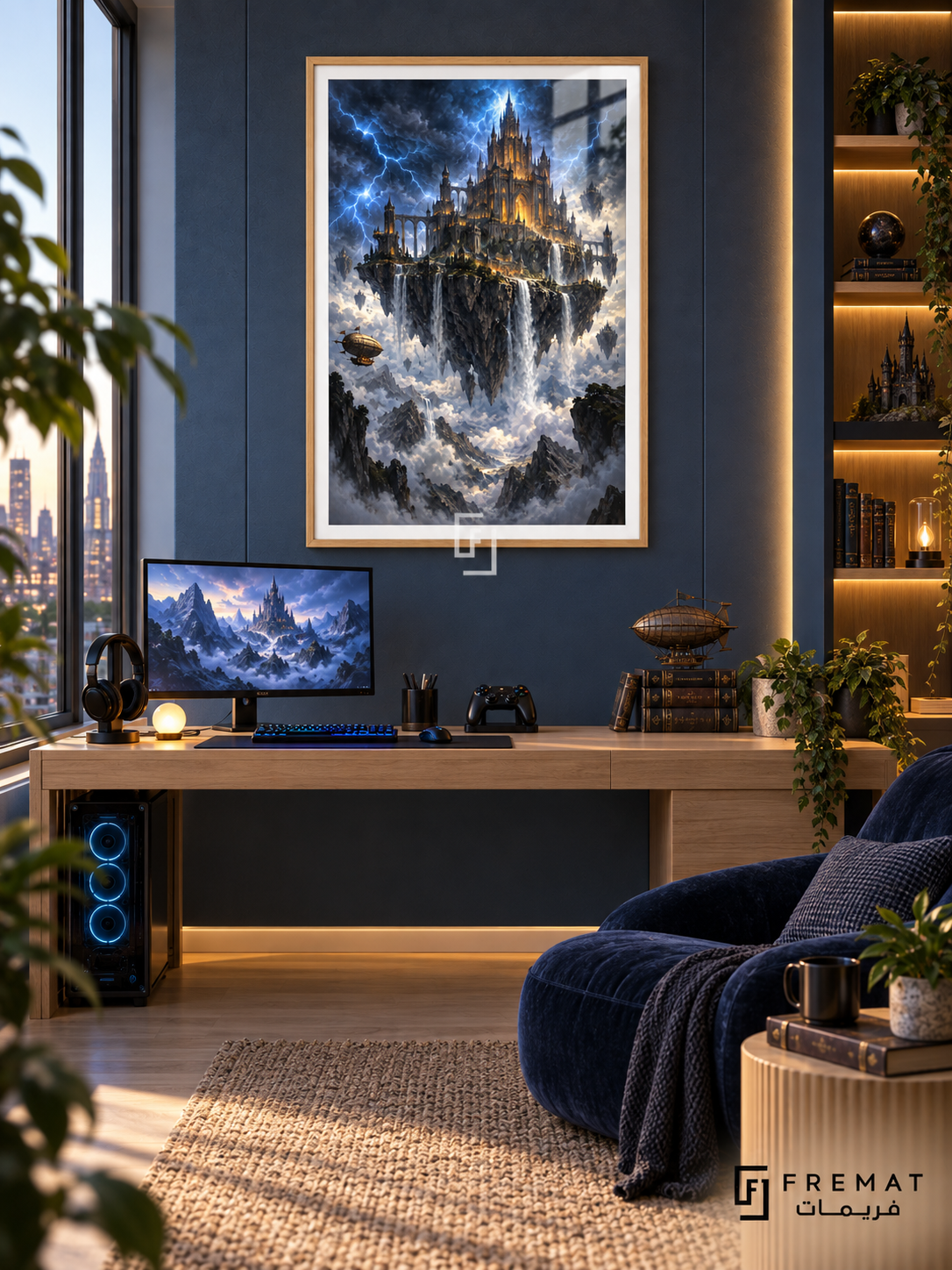 Storm Citadel gaming artwork in a Wooden Texture PVC frame with a white printed border, displayed in a desk gaming nook with pale wood furniture and navy blue seating.