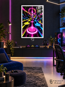 Rhythm Overdrive gaming artwork in a Black PVC frame with a white printed border, displayed in a gaming lounge with a dark console and blue seating.