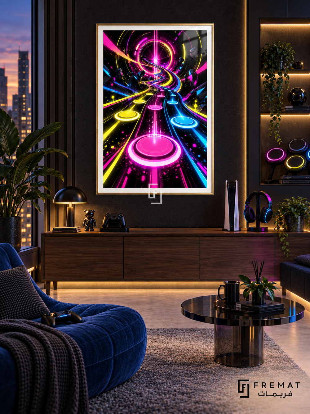 Rhythm Overdrive gaming artwork in a Gold PVC frame with a white printed border, displayed in an evening gaming lounge with a walnut console and blue seating.