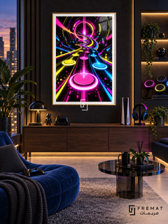Rhythm Overdrive gaming artwork in a Gold PVC frame with a white printed border, displayed in an evening gaming lounge with a walnut console and blue seating.