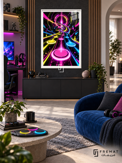 Rhythm Overdrive gaming artwork in a White PVC frame with a white printed border, displayed in a daylight gaming lounge with cabinetry and blue seating.