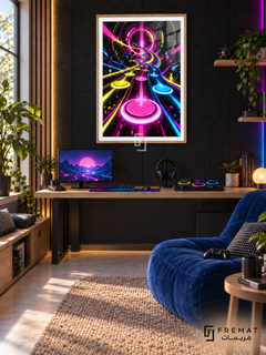 Rhythm Overdrive gaming artwork in a Wooden Texture PVC frame with a white printed border, displayed in a desk gaming nook with pale wood furniture and blue seating.