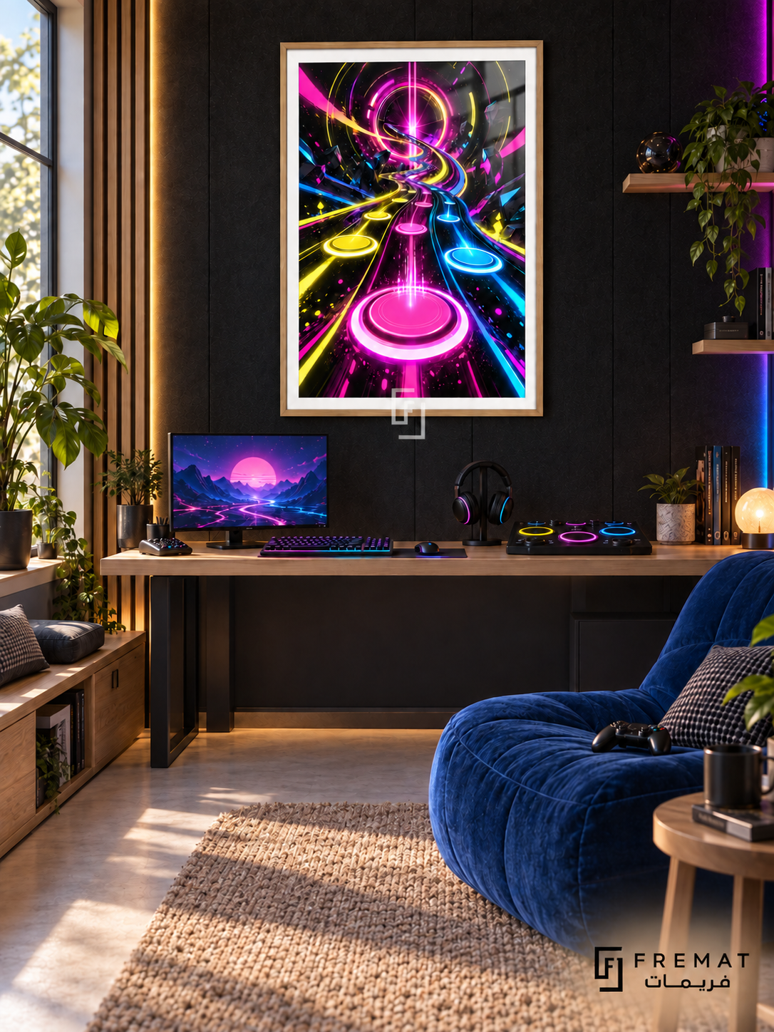 Rhythm Overdrive gaming artwork in a Wooden Texture PVC frame with a white printed border, displayed in a desk gaming nook with pale wood furniture and blue seating.