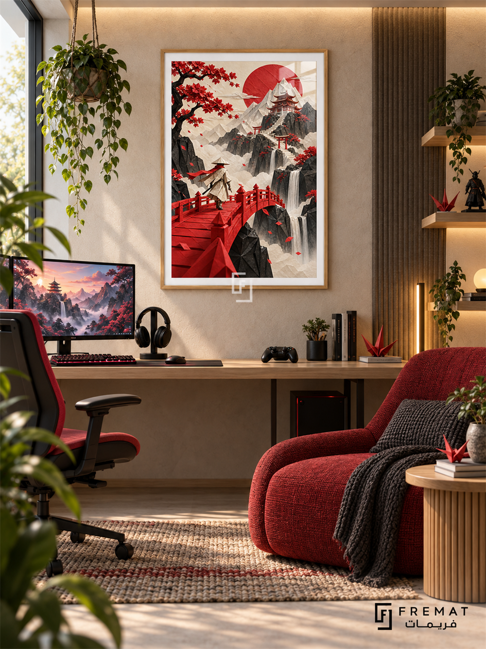 Origami Adventure gaming artwork in a Wooden Texture PVC frame with a white printed border, displayed in a desk gaming nook with pale wood furniture and red seating.