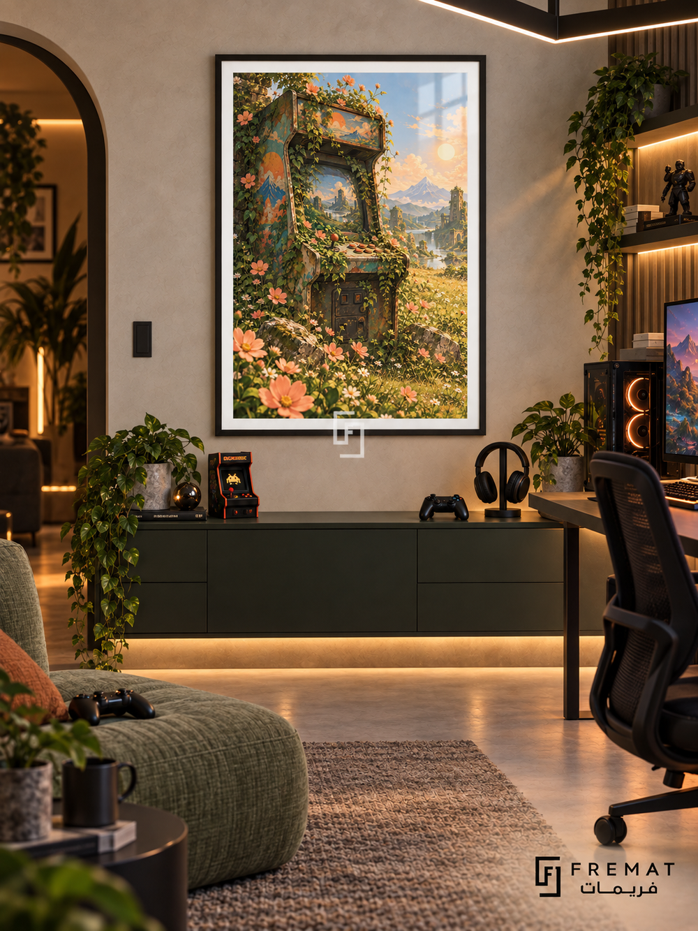Arcade Bloom gaming artwork in a Black PVC frame with a white printed border, displayed in a gaming lounge with a dark console and sage green seating.