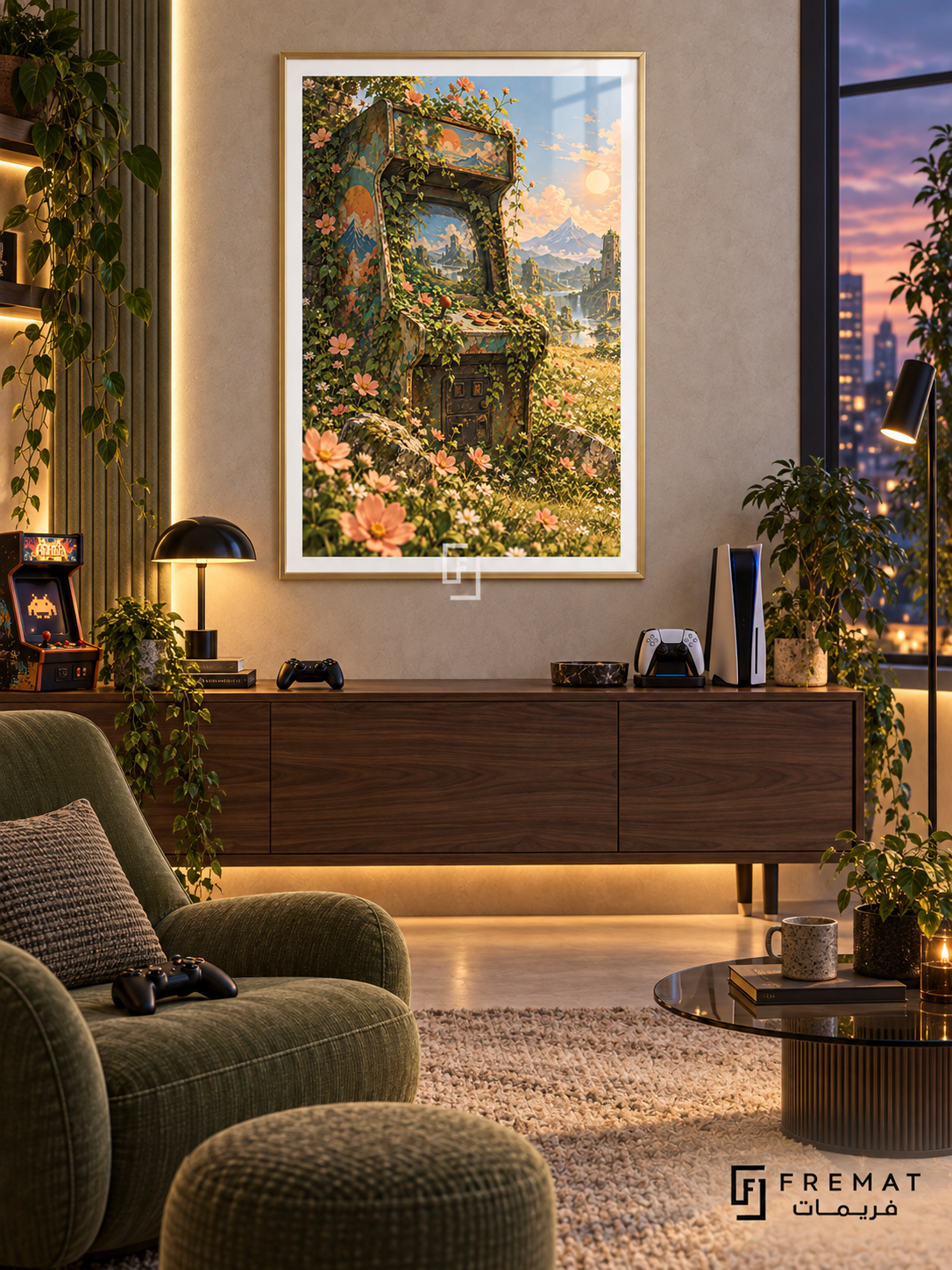 Arcade Bloom gaming artwork in a Gold PVC frame with a white printed border, displayed in an evening gaming lounge with a walnut console and sage green seating.