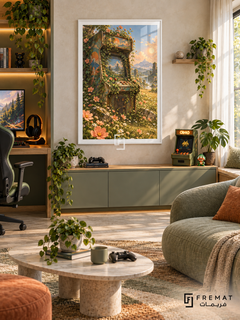Arcade Bloom gaming artwork in a White PVC frame with a white printed border, displayed in a daylight gaming lounge with cabinetry and sage green seating.