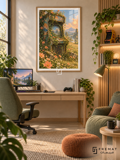 Arcade Bloom gaming artwork in a Wooden Texture PVC frame with a white printed border, displayed in a desk gaming nook with pale wood furniture and sage green seating.