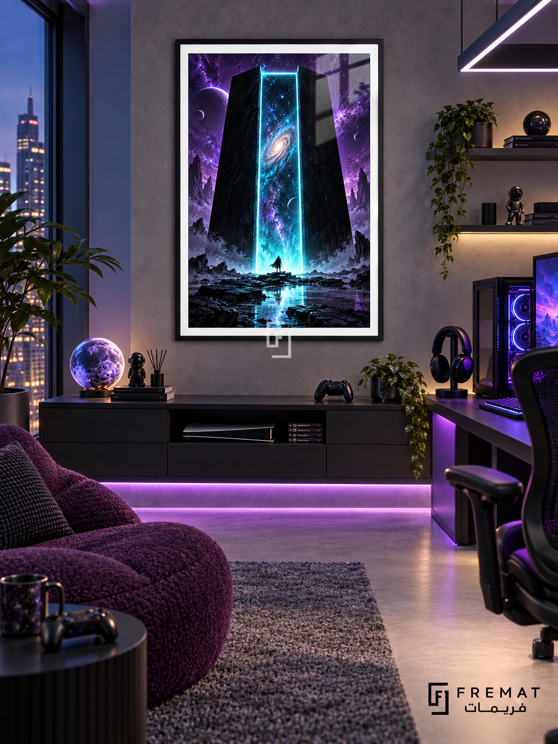 Final Portal gaming artwork in a Black PVC frame with a white printed border, displayed in a gaming lounge with a dark console and purple seating.