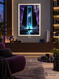 Final Portal gaming artwork in a Gold PVC frame with a white printed border, displayed in an evening gaming lounge with a walnut console and purple seating.