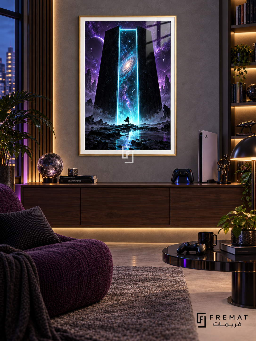 Final Portal gaming artwork in a Gold PVC frame with a white printed border, displayed in an evening gaming lounge with a walnut console and purple seating.