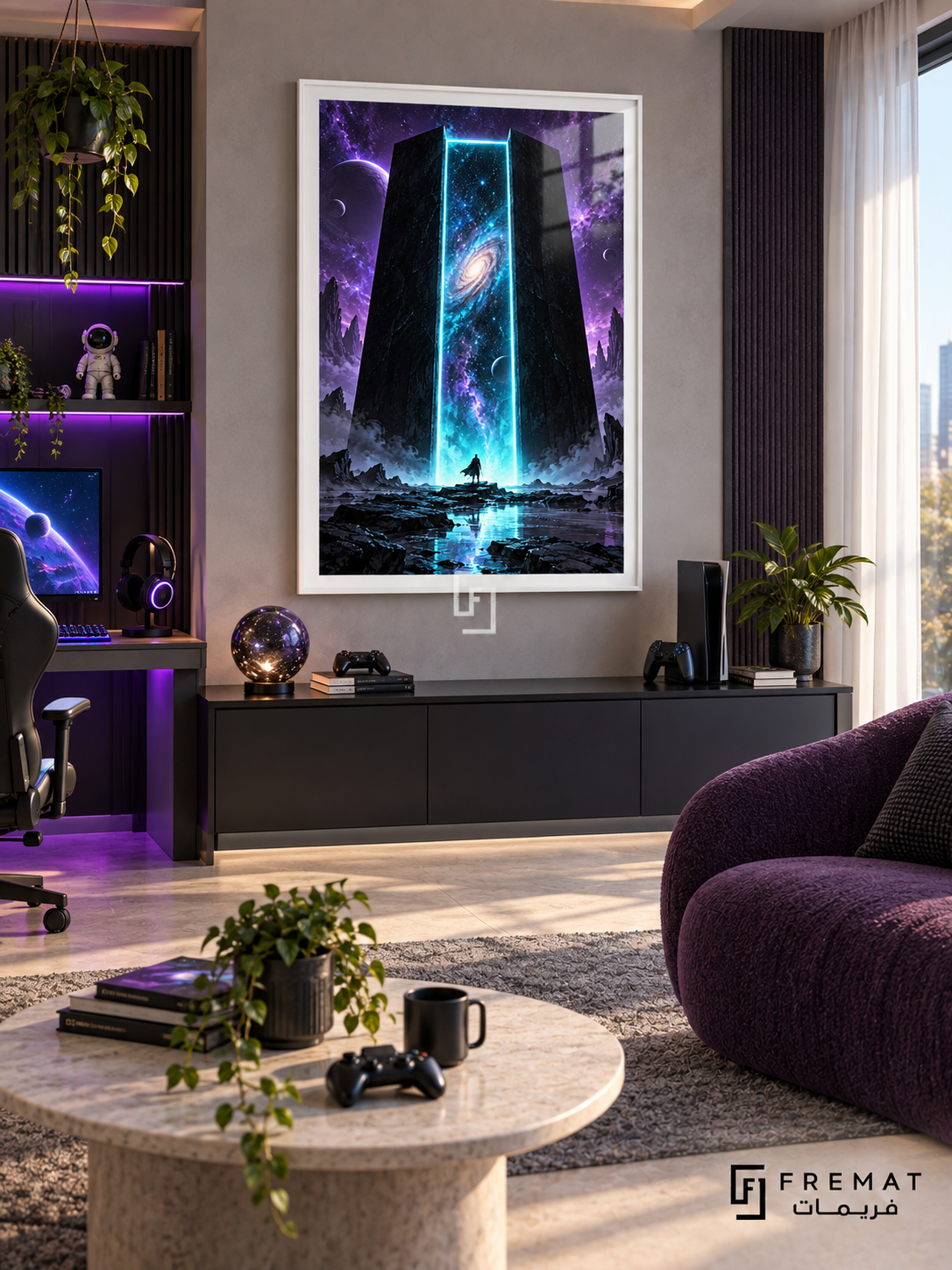 Final Portal gaming artwork in a White PVC frame with a white printed border, displayed in a daylight gaming lounge with cabinetry and purple seating.