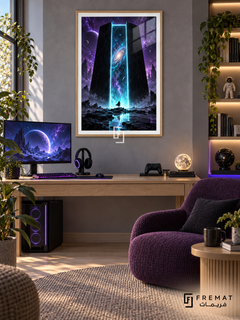 Final Portal gaming artwork in a Wooden Texture PVC frame with a white printed border, displayed in a desk gaming nook with pale wood furniture and purple seating.