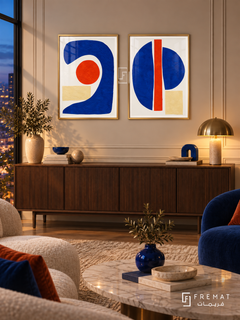 Cobalt Dialogue — set of two abstract artworks in Gold frames.