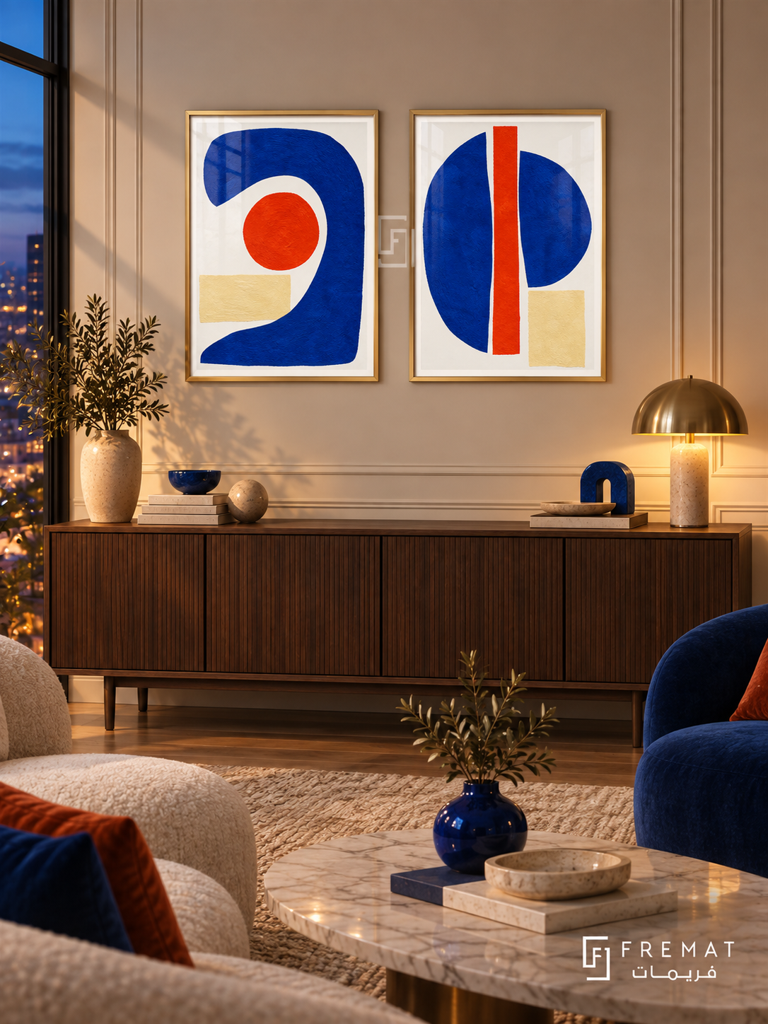 Cobalt Dialogue — set of two abstract artworks in Gold frames.
