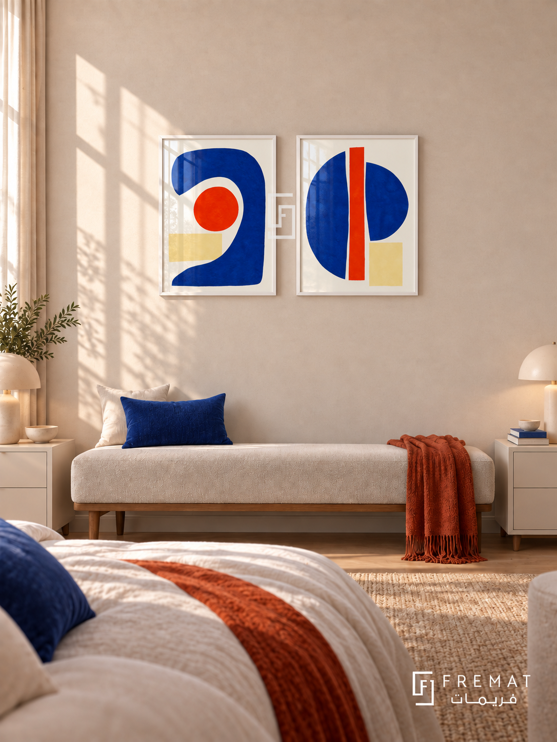 Cobalt Dialogue — set of two abstract artworks in White frames.