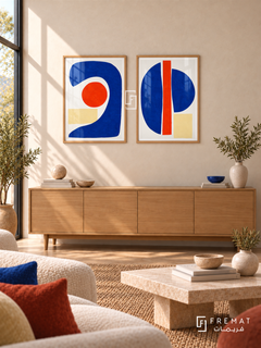 Cobalt Dialogue — set of two abstract artworks in Wooden Texture frames.