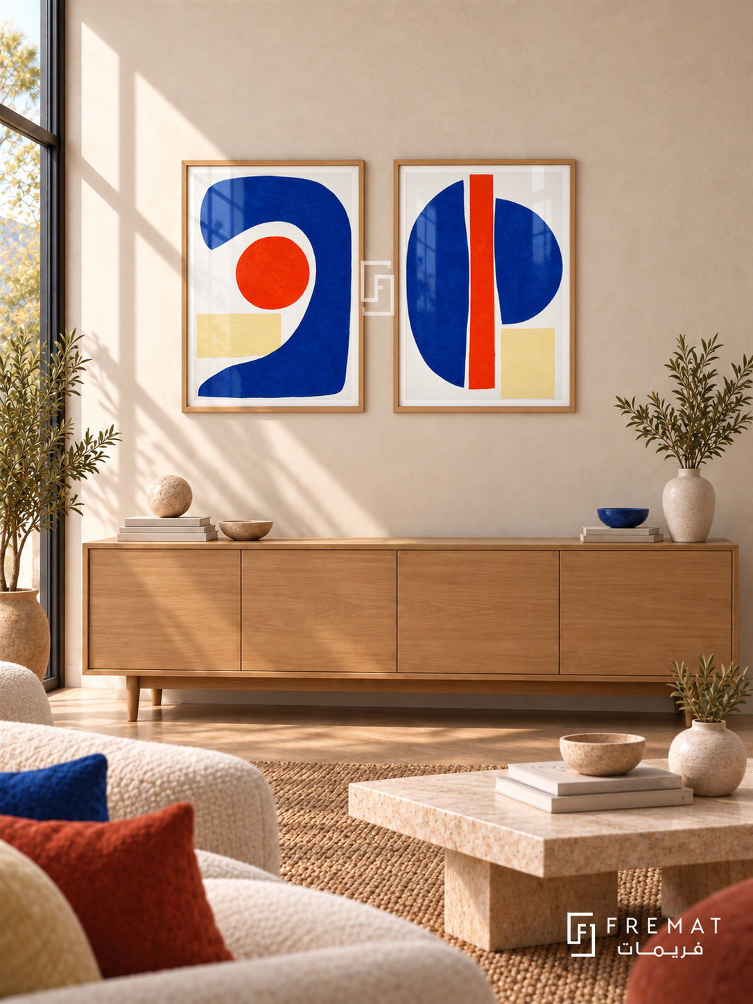 Cobalt Dialogue — set of two abstract artworks in Wooden Texture frames.