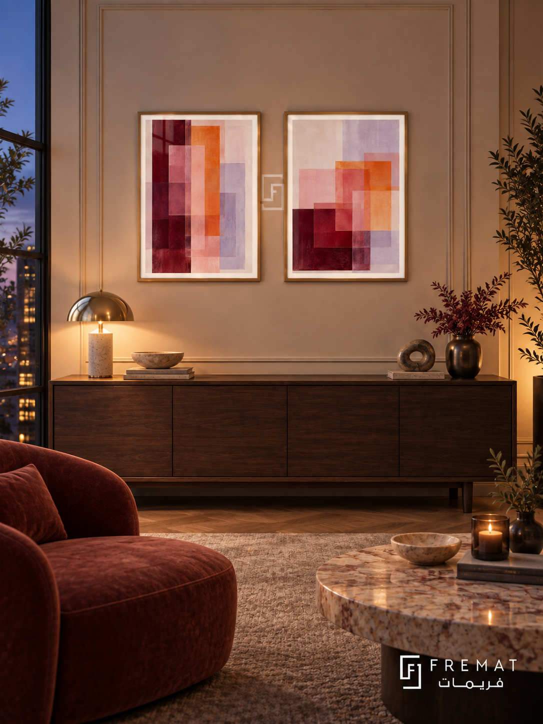 Chromatic Windows — set of two abstract artworks in Gold frames.