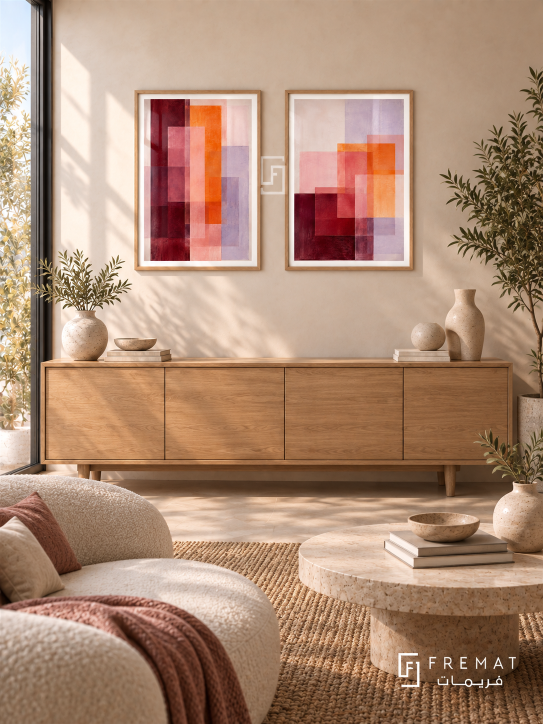 Chromatic Windows — set of two abstract artworks in Wooden Texture frames.