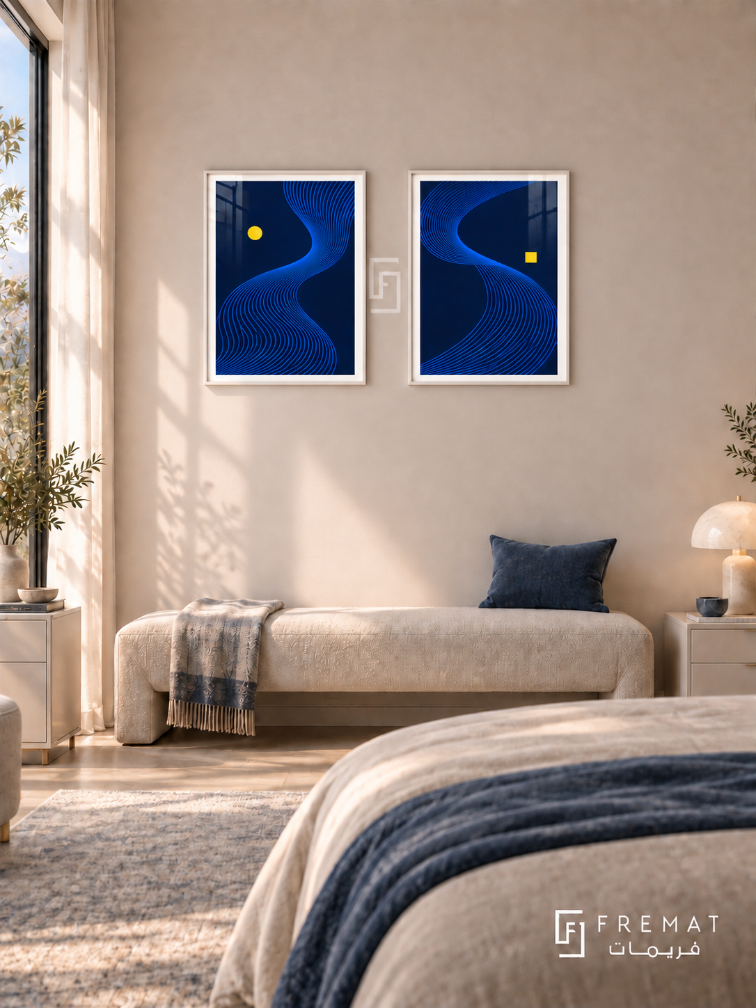 Electric Current — set of two abstract artworks in White frames.