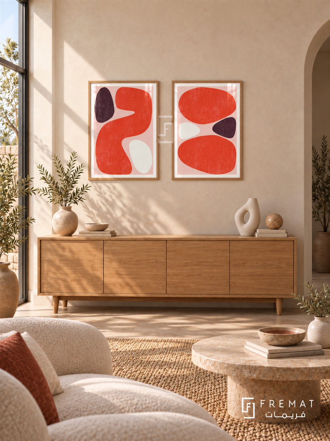 Coral Counterpoint — set of two abstract artworks in Wooden Texture frames.