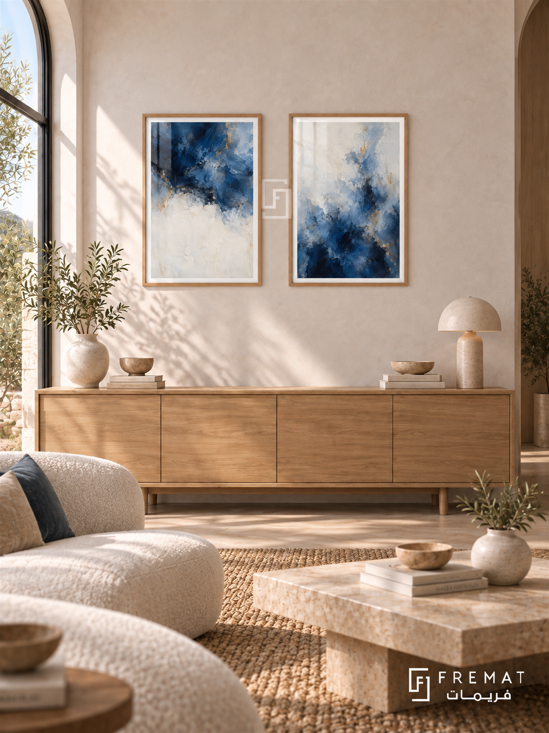 Mineral Drift — set of two abstract artworks in Wooden Texture frames.