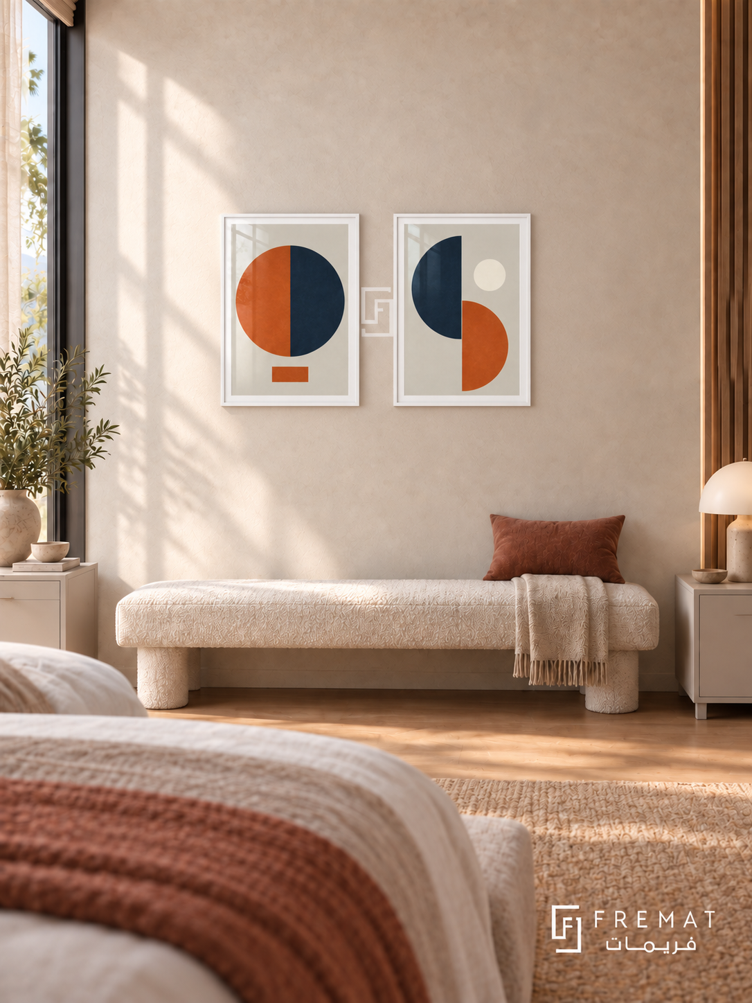 Split Circles — set of two abstract artworks in White frames.