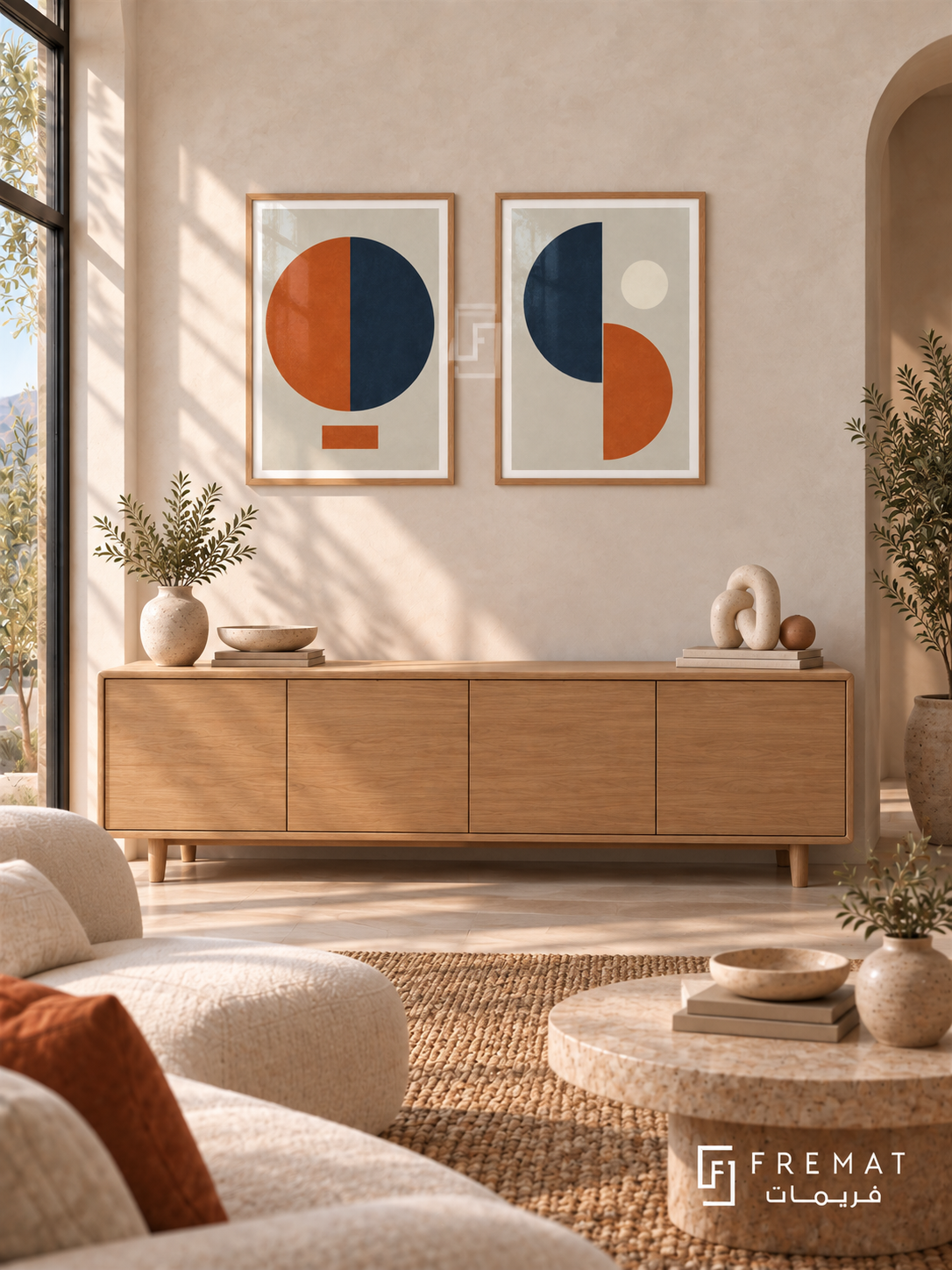Split Circles — set of two abstract artworks in Wooden Texture frames.