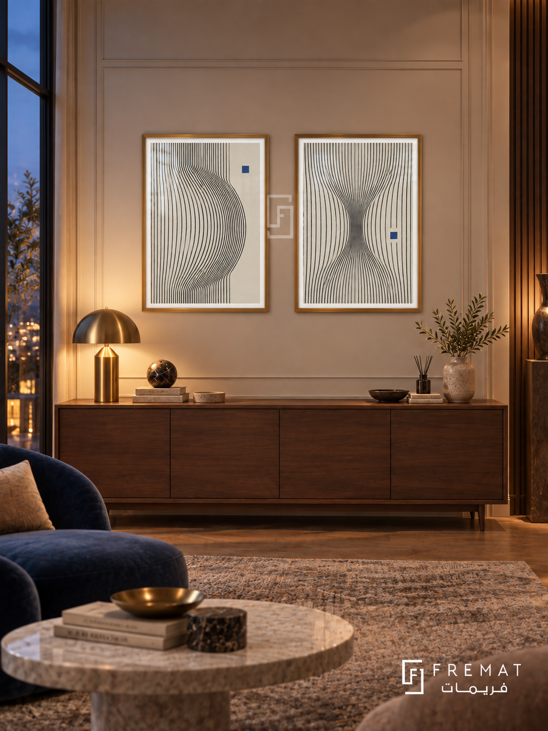 Quiet Frequency — set of two abstract artworks in Gold frames.