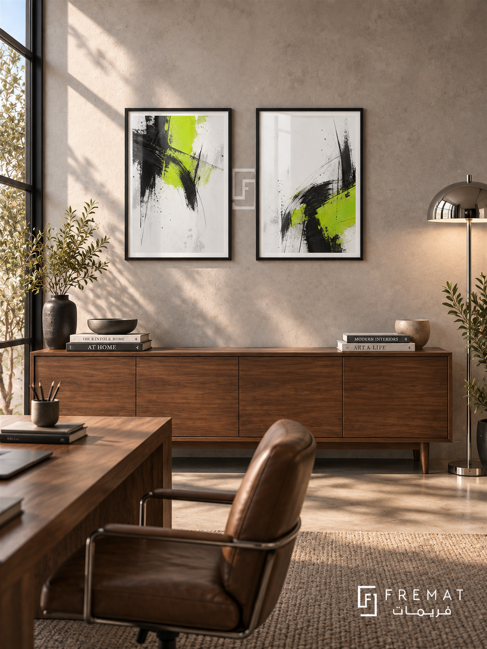 Lime and Graphite — set of two abstract artworks in Black frames.