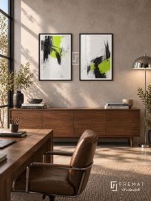Lime and Graphite — set of two abstract artworks in Black frames.
