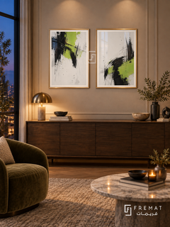 Lime and Graphite — set of two abstract artworks in Gold frames.