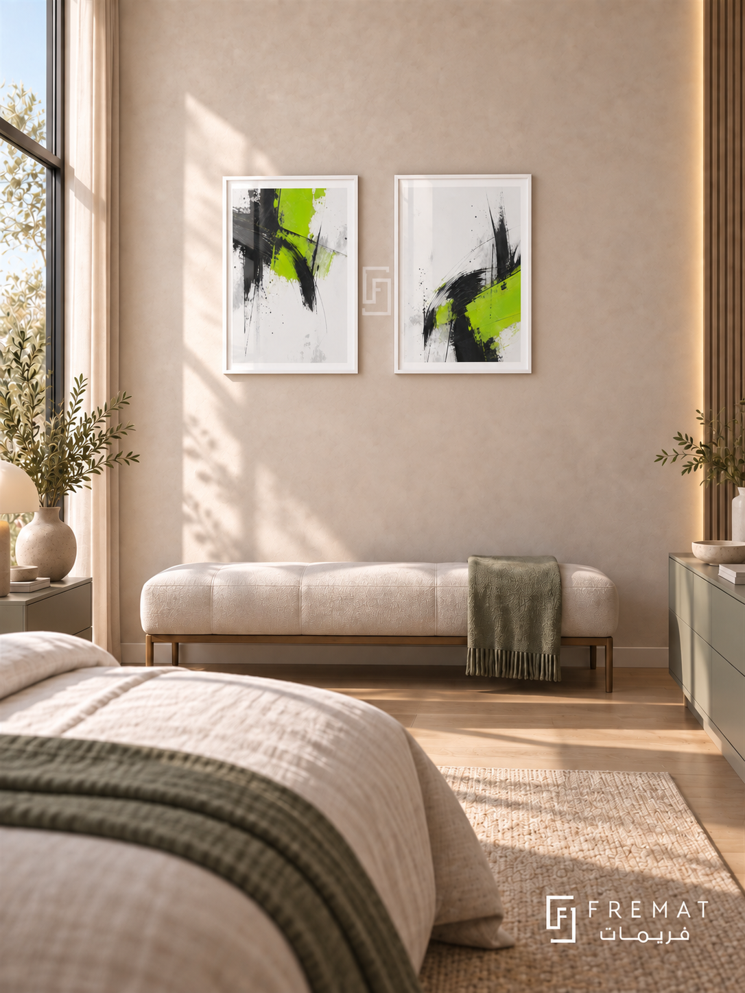 Lime and Graphite — set of two abstract artworks in White frames.