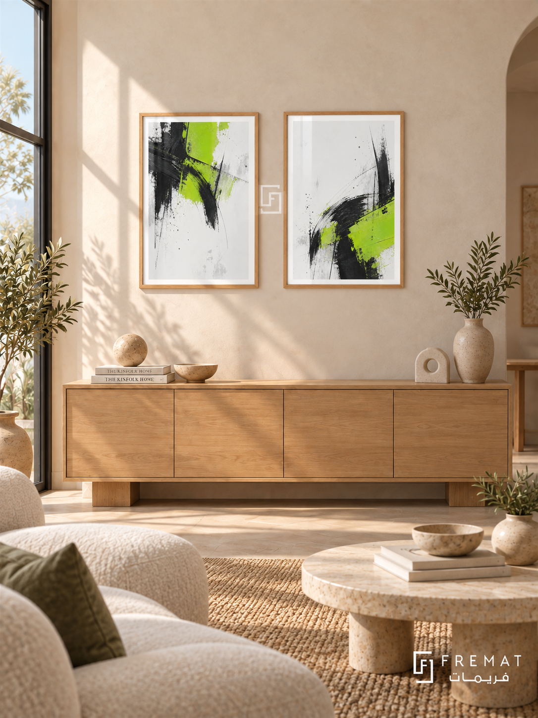 Lime and Graphite — set of two abstract artworks in Wooden Texture frames.