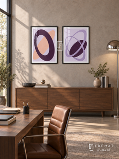 Violet Orbit — set of two abstract artworks in Black frames.