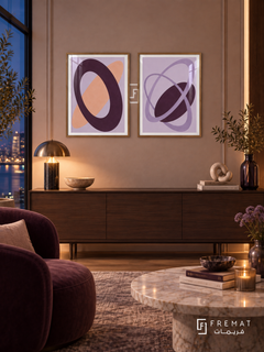 Violet Orbit — set of two abstract artworks in Gold frames.