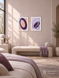 Violet Orbit — set of two abstract artworks in White frames.