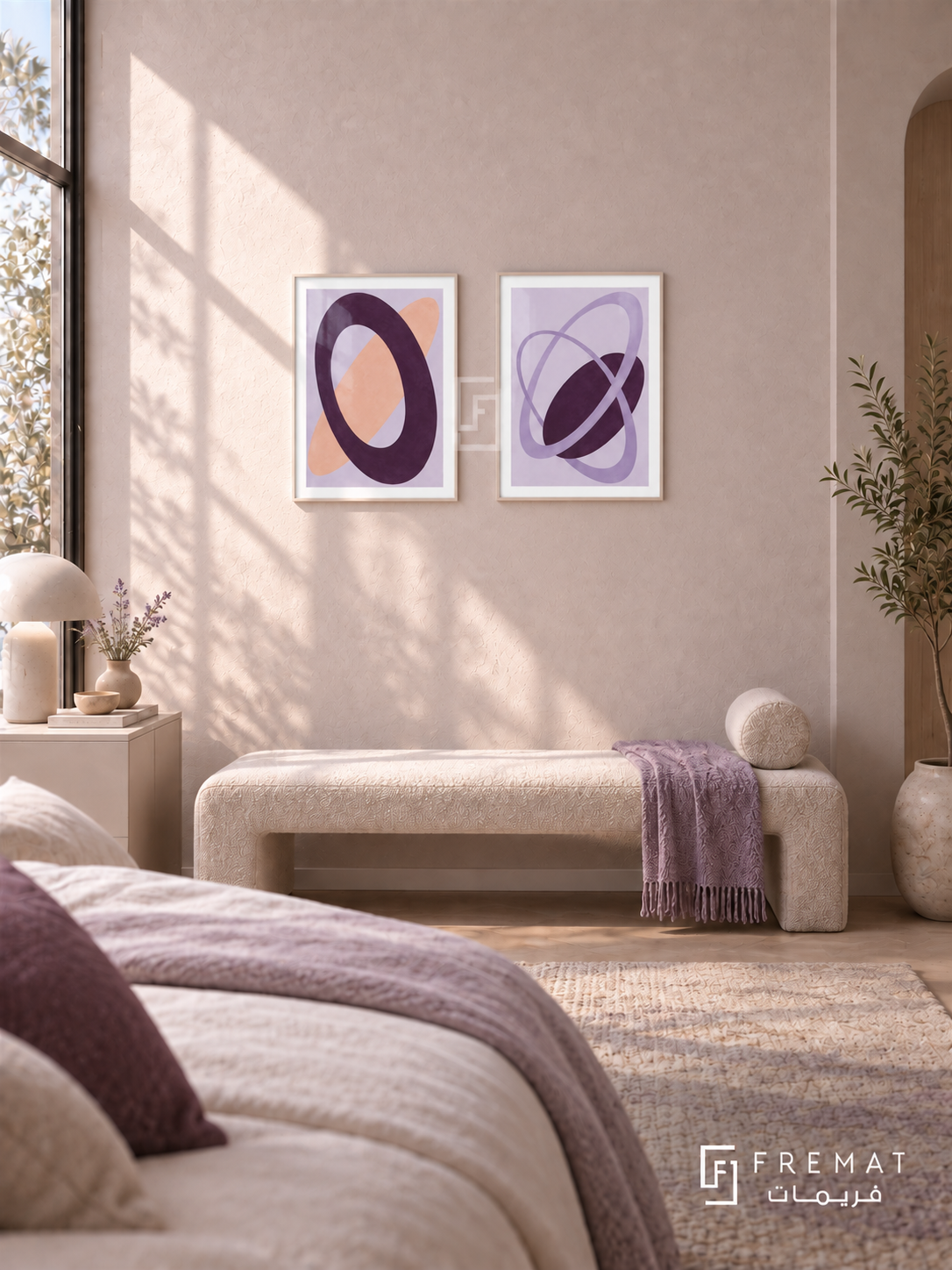 Violet Orbit — set of two abstract artworks in White frames.