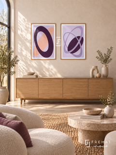 Violet Orbit — set of two abstract artworks in Wooden Texture frames.