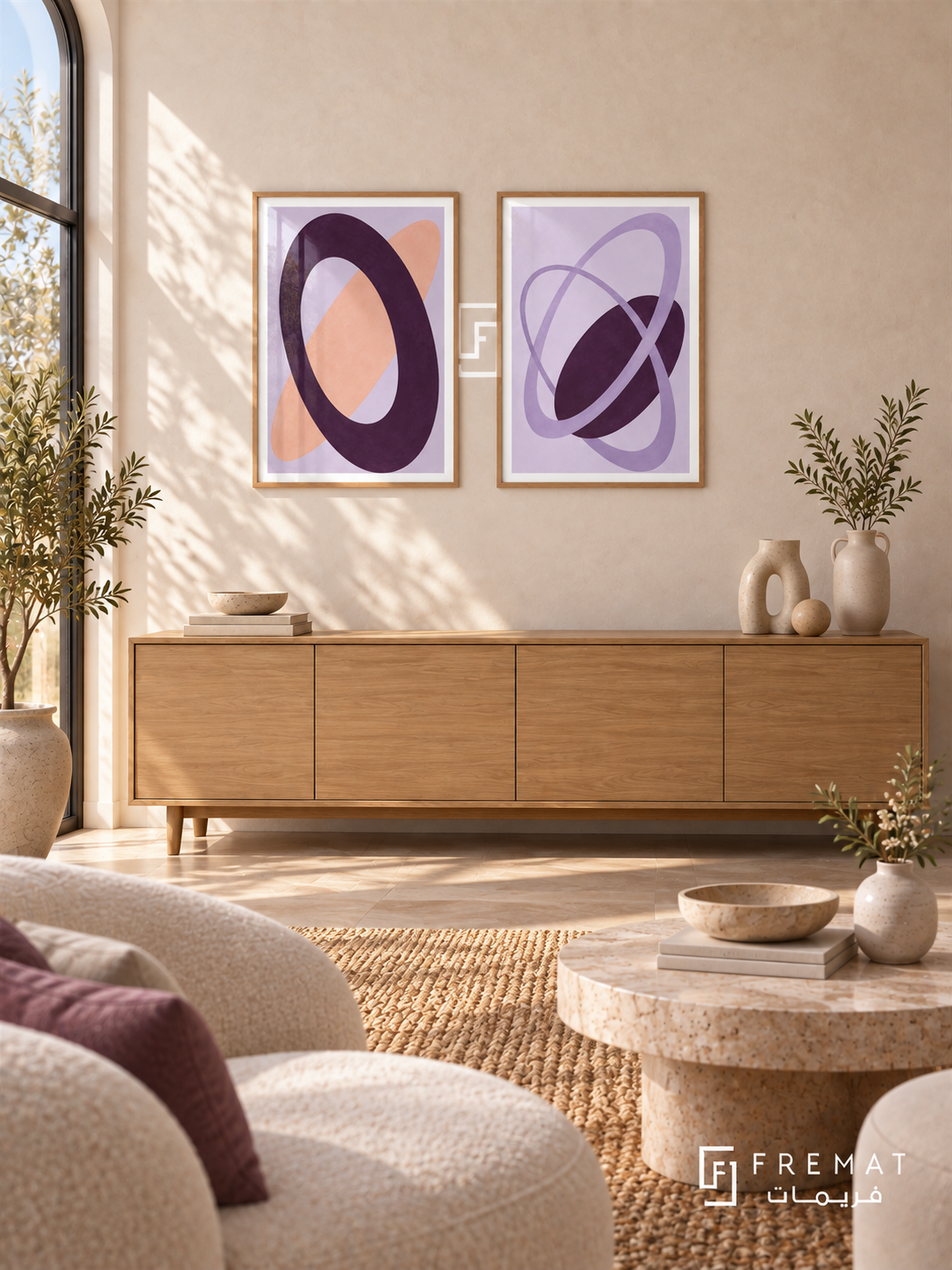 Violet Orbit — set of two abstract artworks in Wooden Texture frames.