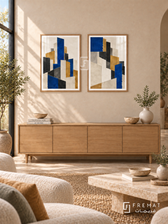 Paper City — set of two abstract artworks in Wooden Texture frames.