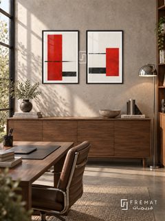 Red Interval — set of two abstract artworks in Black frames.