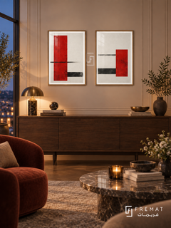 Red Interval — set of two abstract artworks in Gold frames.