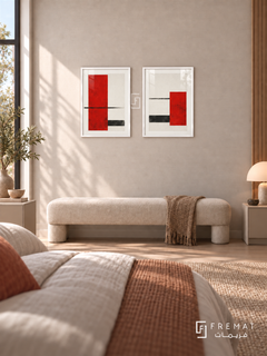 Red Interval — set of two abstract artworks in White frames.