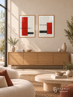 Red Interval — set of two abstract artworks in Wooden Texture frames.