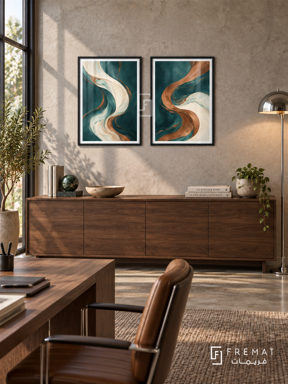 Fluid Copper — set of two abstract artworks in Black frames.