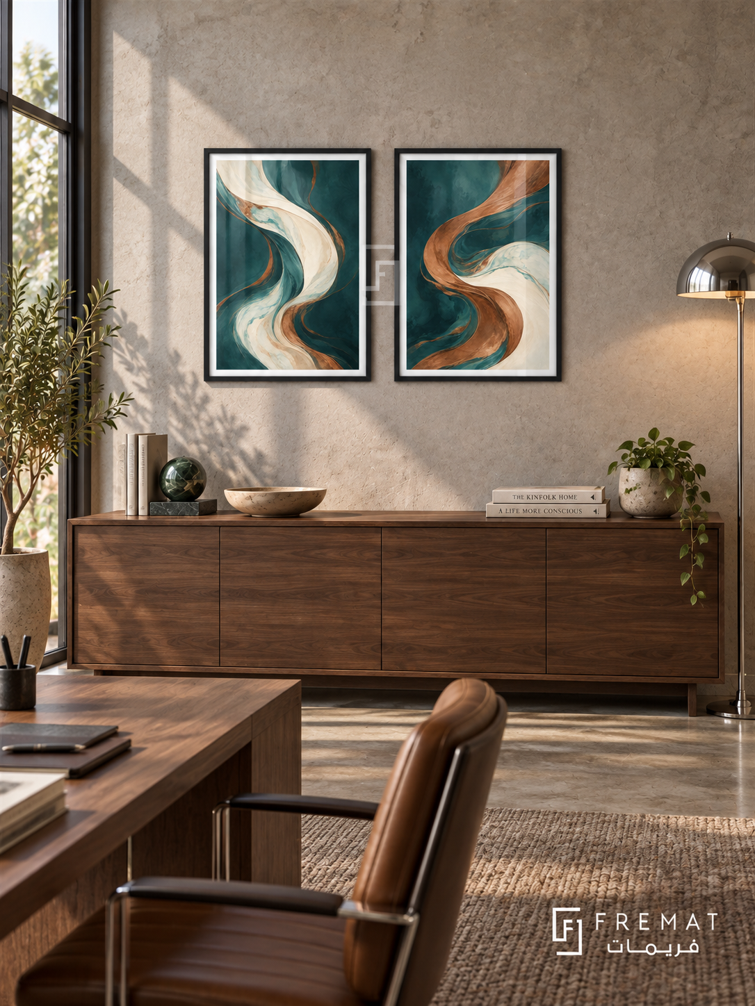 Fluid Copper — set of two abstract artworks in Black frames.