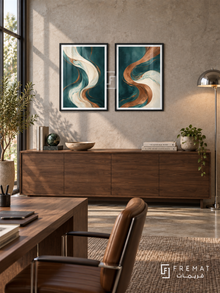 Fluid Copper — set of two abstract artworks in Black frames.