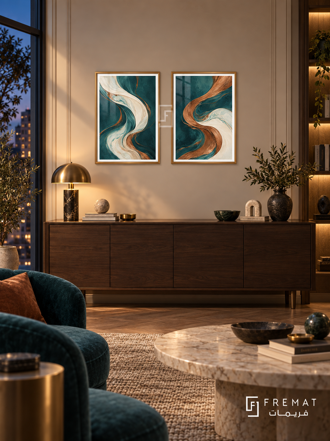 Fluid Copper — set of two abstract artworks in Gold frames.